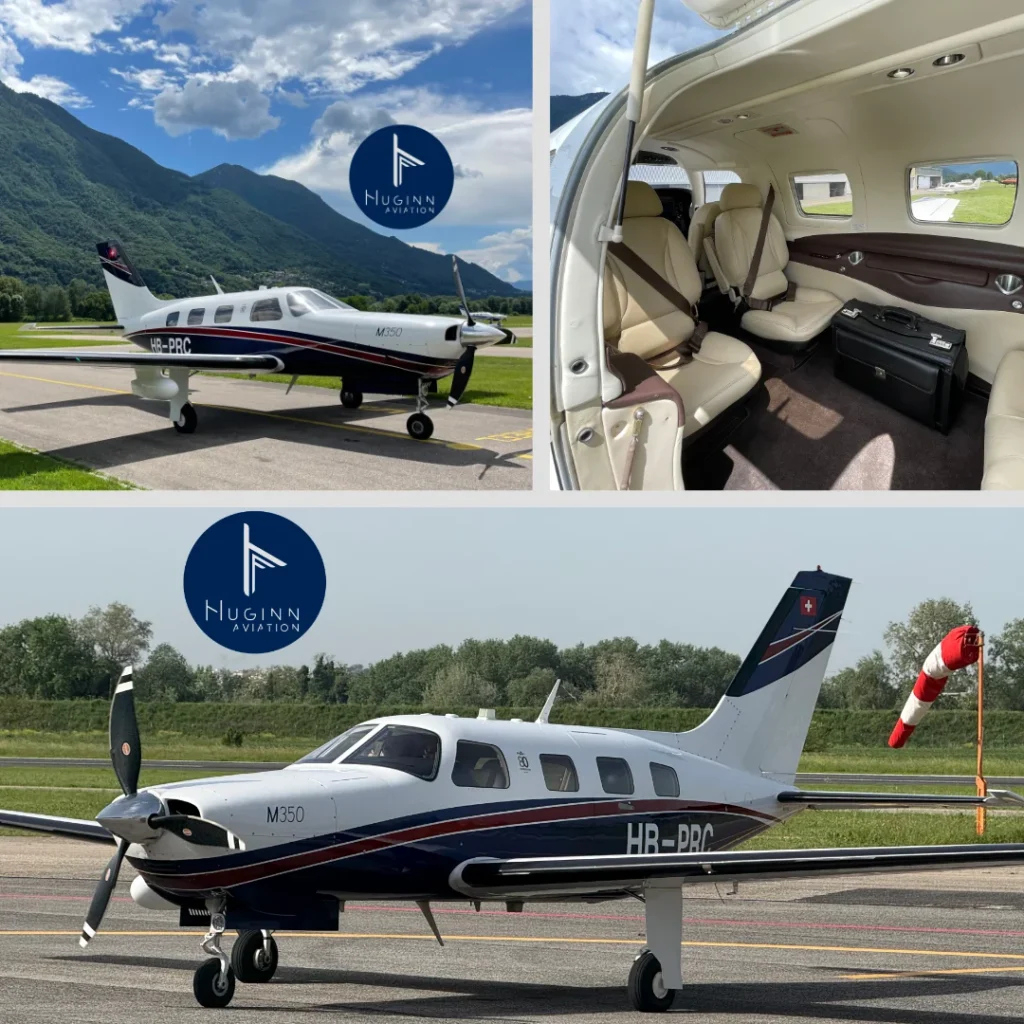 Three in one picture of a Piper M350 parked on ground. Entrance door open and cabin interior visible.