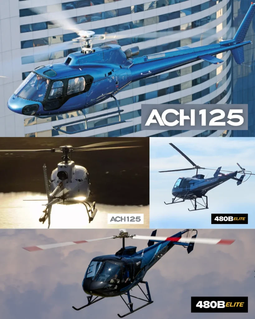 Various helicopters. Airbus ACH125 and Enstrom 480B Elite
