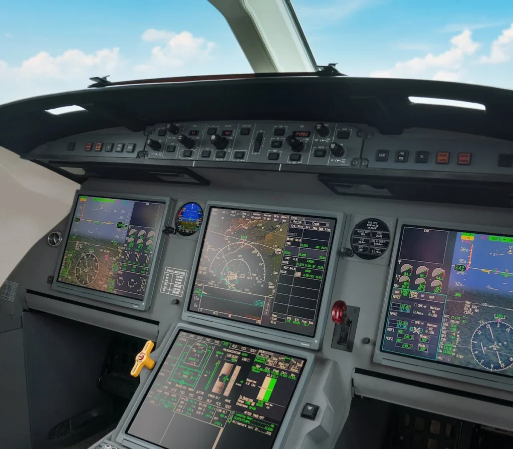 The super well organised cockpit of the Dassault Falcon featuring the Garmin GI275