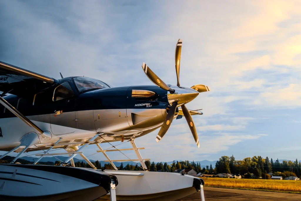 The Daher Kodiak 100 parked on ground with floats option with retractable landing gear